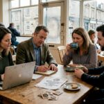 Small business owners networking in UK café