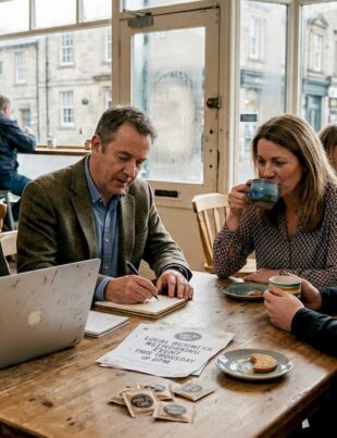 Small business owners networking in UK café