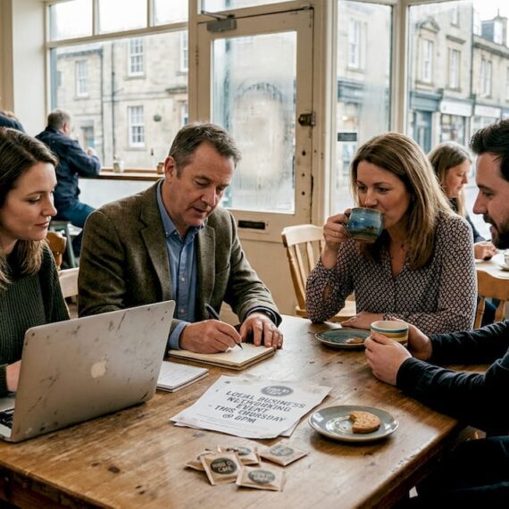Small business owners networking in UK café