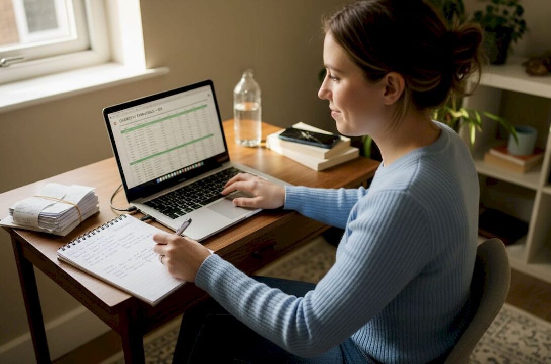 Founder budgeting at cluttered home office workspace