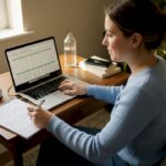 Founder budgeting at cluttered home office workspace