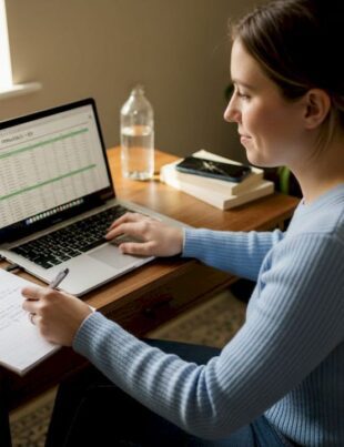 Founder budgeting at cluttered home office workspace