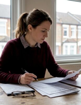 Woman reviewing UK homebuying paperwork at kitchen table