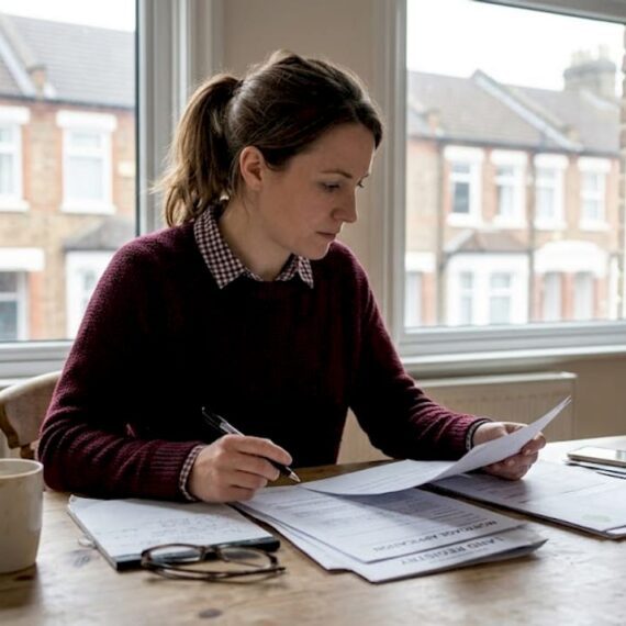 Woman reviewing UK homebuying paperwork at kitchen table