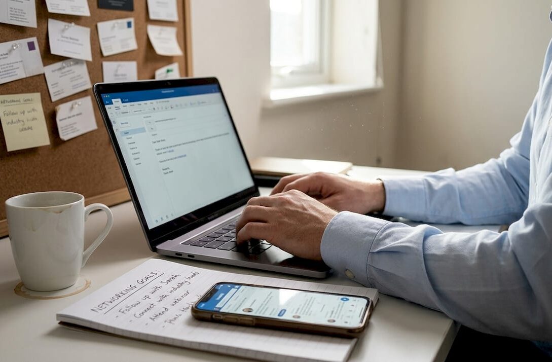 Professional sets networking goals at desk