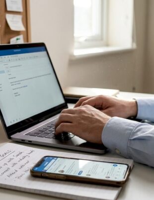 Professional sets networking goals at desk