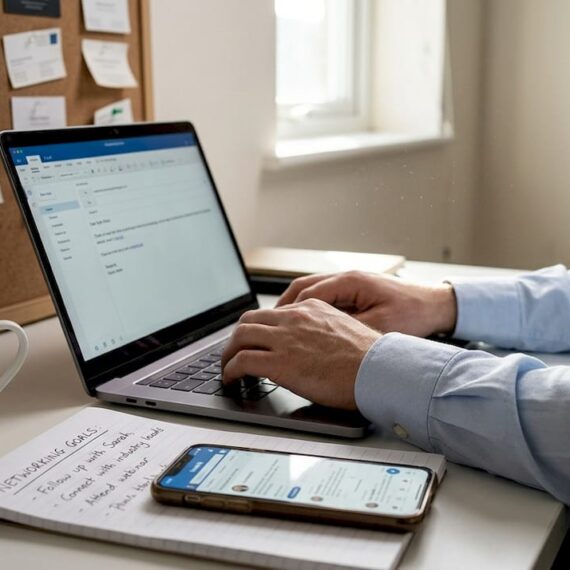 Professional sets networking goals at desk