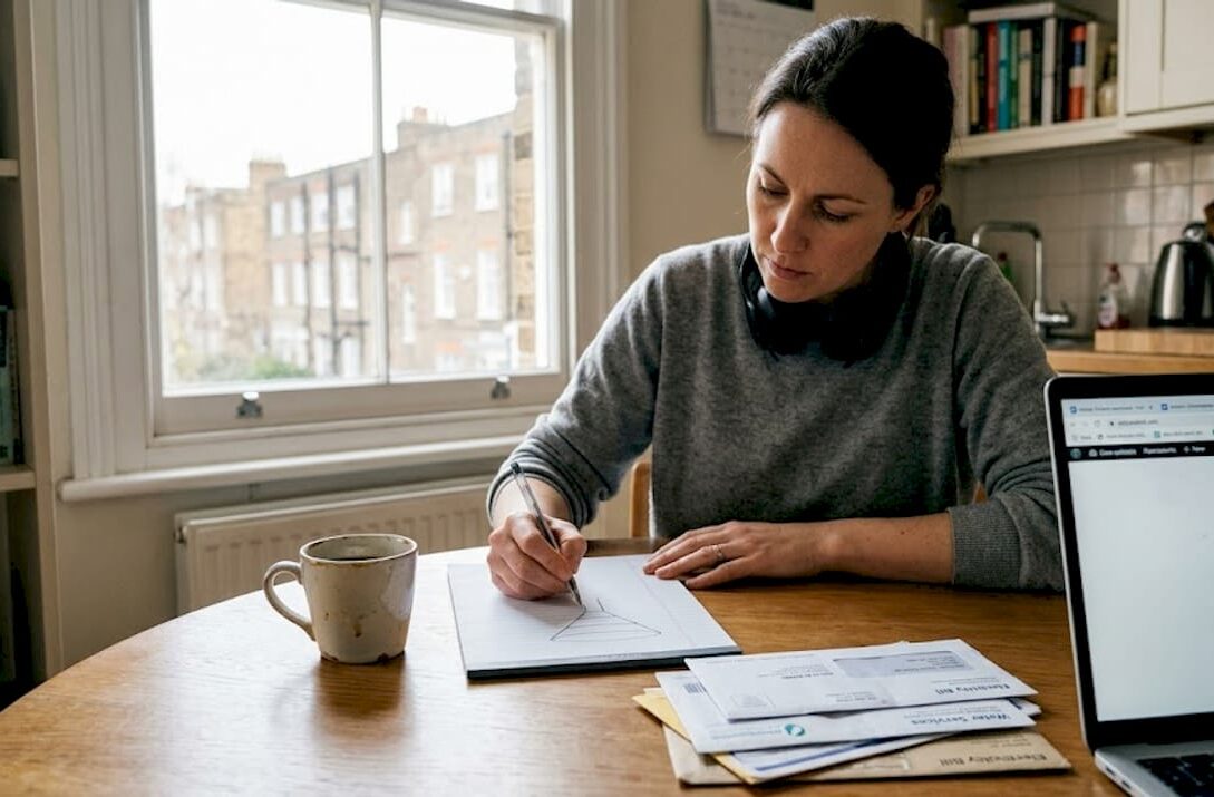 Small business owner sketches sales funnel diagram