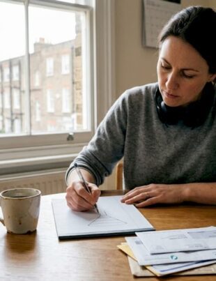 Small business owner sketches sales funnel diagram